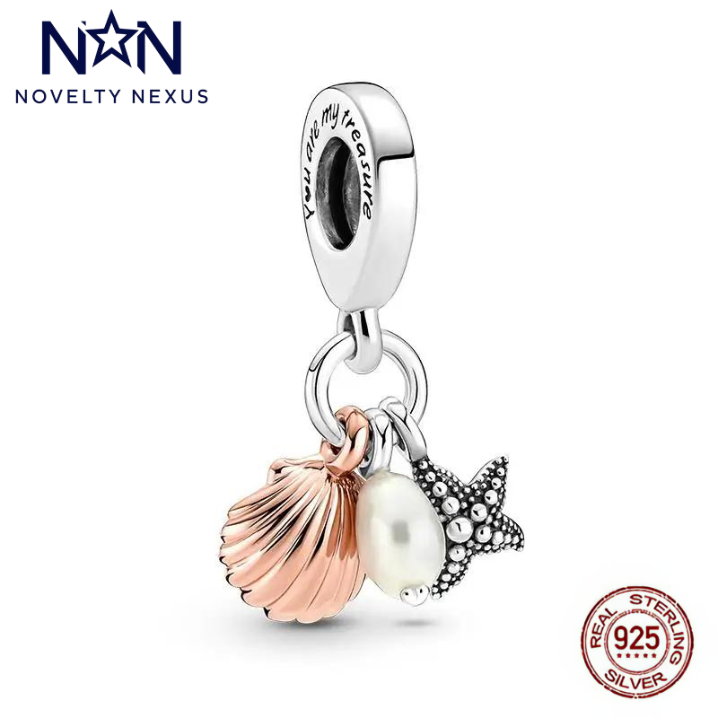 Elegant Sterling Silver Charm with Pearl, Rose Gold Shell & Starfish, Perfect Gift for Ocean Lovers, Nautical Jewelry Collection