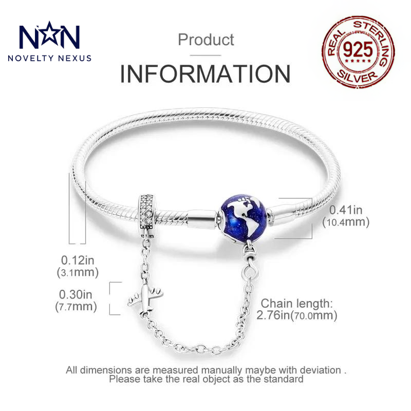 🎁 "Global Explorer": World Globe Charm in Sterling Silver Snake Chain Bracelet (100% off)