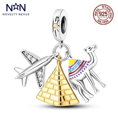 "Desert Adventure" Camel, Pyramid, and Airplane Charm. Sterling Silver