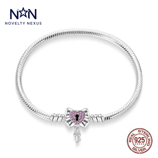 "Key to My Heart": Pink Crystal Lock and Key Charm in Sterling Silver Snake Chain Bracelet