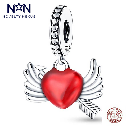 Captured Heart Charm with Sterling Silver Angelic Wings & Arrow, Vivid Red Enamel, Symbolic of Love Struck Moments