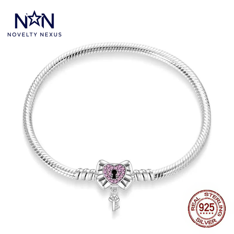 🎁 "Key to My Heart": Pink Crystal Lock and Key Charm in Sterling Silver Snake Chain Bracelet (100% off)