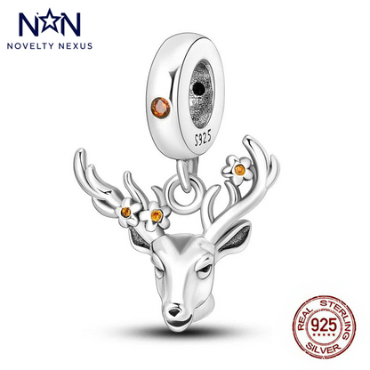 "Forest Majesty" Deer Head Charm with Amber Accents. Sterling Silver