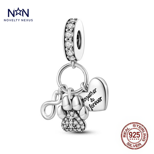 "Together & Forever" Paw Print Heart Charm. Sterling Silver