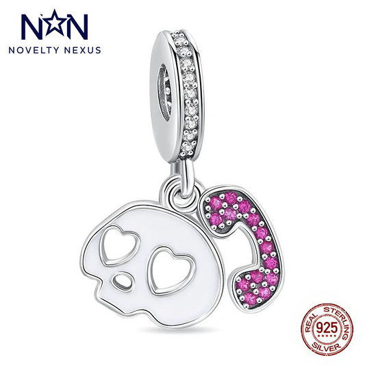 Love Skull and Telephone Charm – Perfect for Edgy Style, Sterling Silver