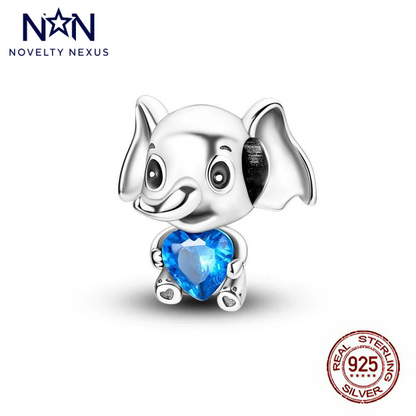 "Elephant Charm with Blue Heart" Sterling Silver Charm