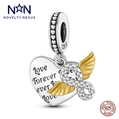 Eternal Love Heart Charm with Golden Wings and Infinity Crystal Detail, Sterling Silver 'Love Forever' Inscription