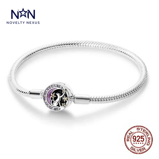 "Moonlit Cat": Purple Crescent Moon and Cat Charm in Sterling Silver Snake Chain Bracelet