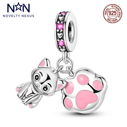 "Kitty Cuddle" Cat and Paw Print Charm. Sterling Silver