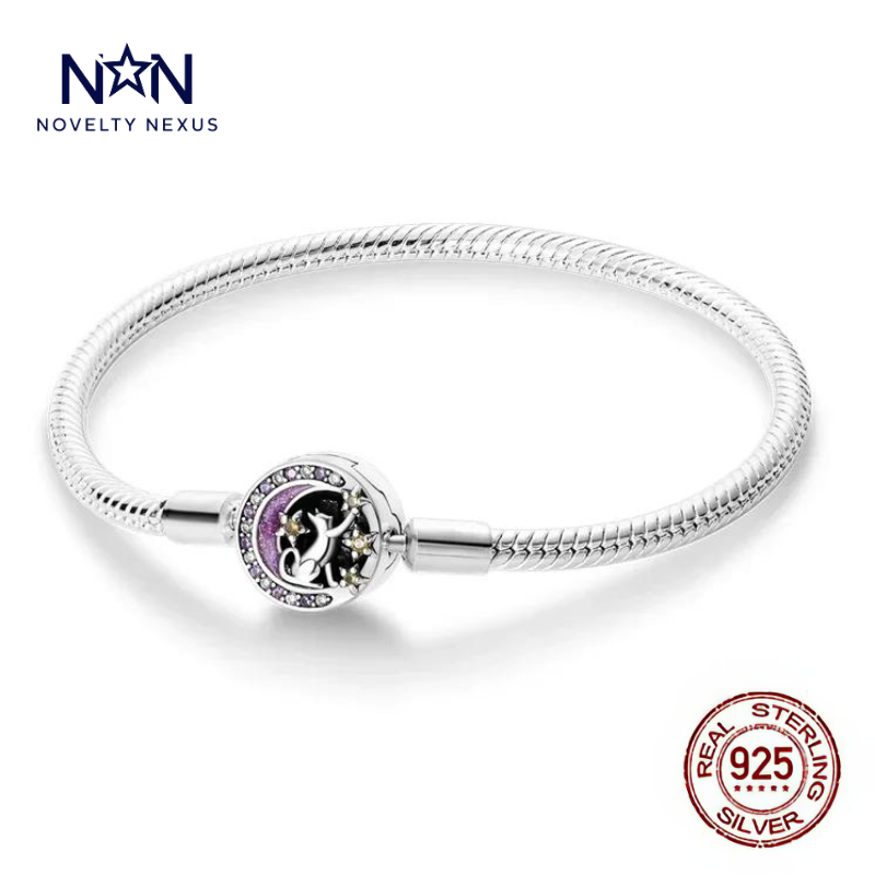 🎁 "Moonlit Cat": Purple Crescent Moon and Cat Charm in Sterling Silver Snake Chain Bracelet (100% off)