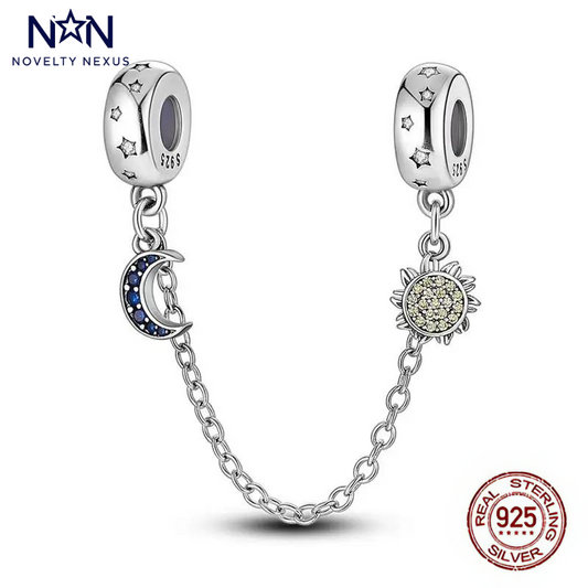 Sterling Silver Sun and Moon Safety Chain Charm with Star Accents, Perfect for Securing and Styling Your Bracelet