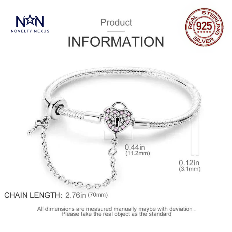 "Locked Heart": Pink Crystal Heart Lock Charm in Sterling Silver Snake Chain Bracelet