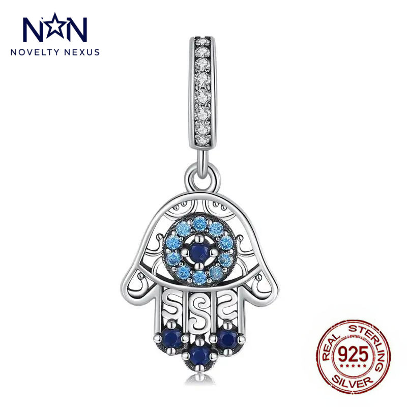 Sterling Silber Hamsa Hand Anhänger mit blauen Kristallen und Augendetail, elegantes Schutzamulett für Schmuck