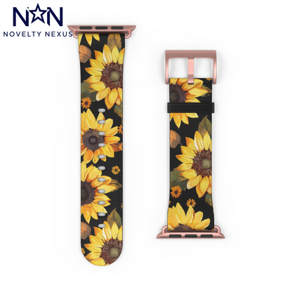 Sunflower Pattern Apple Watch Band | Floral Smartwatch Accessory | Designer Watch Strap | Unique Wearable Art | Gift for Sunflower Lovers. Apple Watch Band Apple Watch Straps For Series 4 5 6 7 8 9 ULTRA SE 38/40/41mm & 42/44/45mm Vegan Faux Leather Band