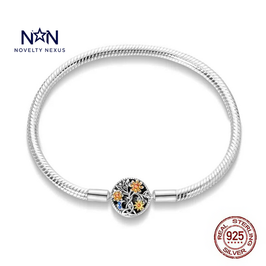 "Floral Harmony": Multicolor Flower Charm in Sterling Silver Snake Chain Bracelet