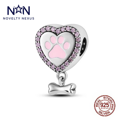 "Paw Print Heart" Pet Love Charm. Sterling Silver