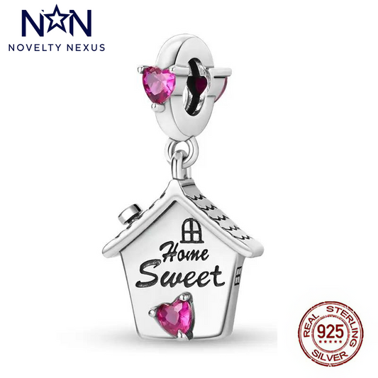 "Home Sweet Home" Sterling Silver House Charm with Pink Crystal Hearts, Ideal for Personalized Jewelry