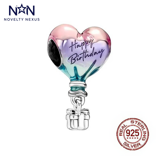 "Happy Birthday" Heart Balloon Sterling Silver Charm with Gift Box Detail, Colorful Celebration Jewelry