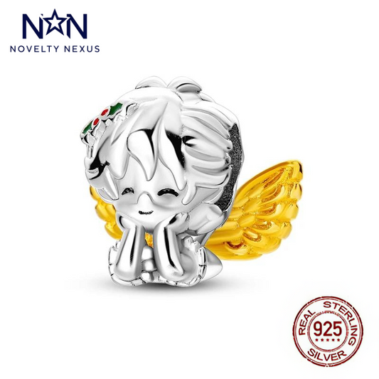 Whimsical Sterling Silver Angel Charm with Golden Wings, Delightful & Cheerful, Perfect for Enchanting Bracelet Designs