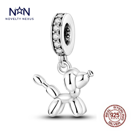 Sterling Silver Balloon Dog Charm with Sparkling Crystal Accents, Ideal for Modern Bracelets and Necklaces