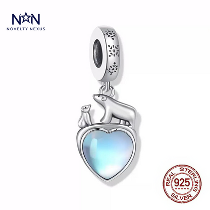 "Polar Love" Sterling Silver Charm with Blue Enamel Heart and Polar Bear Design for Bracelets and Necklaces