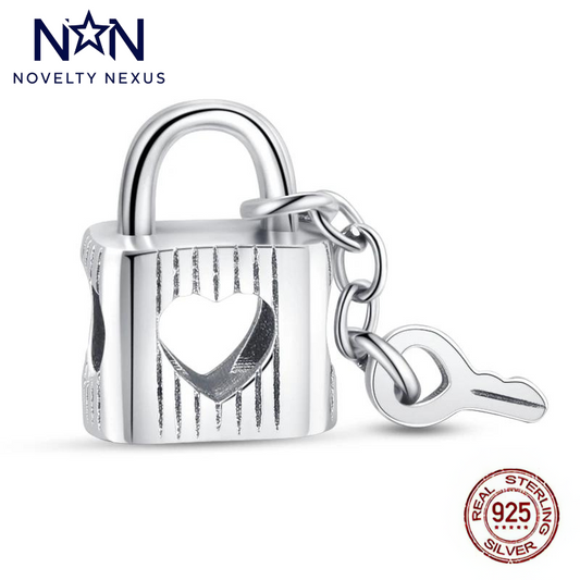 Sterling Silver Heart Lock Charm with Key, Symbolizing Secured Love and Precious Bonds