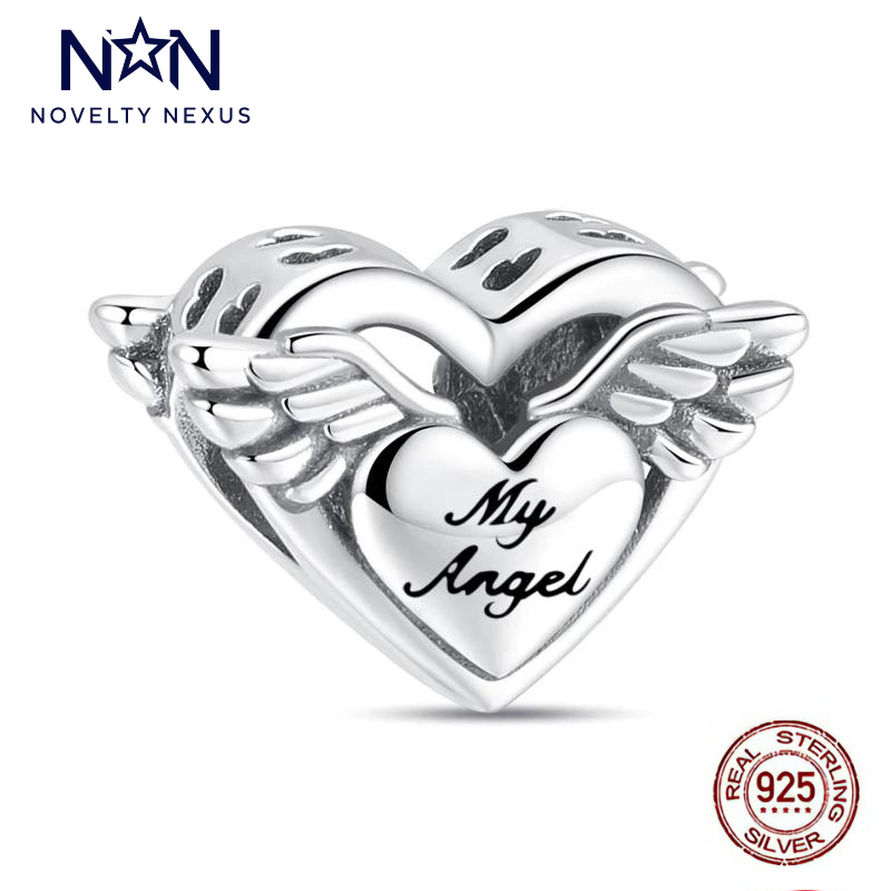 "My Angel" Sterling Silver Heart Charm with Wings, Memorable Engraved Detail, Ideal for Personalized Jewelry Collections