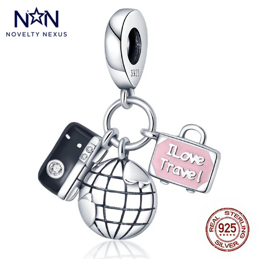 Sterling Silver World Traveler Charm Set with Globe, Suitcase, and "I Love Travel" Tag, Perfect for Globetrotters and Adventure Seekers