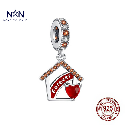 "Forever Home" Sterling Silver Charm with Red Enamel, Heart Accent, and Crystal Details for Bracelets and Necklaces