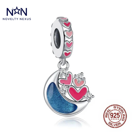 "Moonlit Love" Sterling Silver Charm with Blue Enamel Moon, Pink Hearts, and Crystal Accents for Bracelets and Necklaces