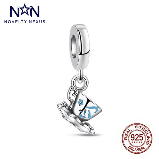 Whimsical Sterling Silver Teacup Charm with Blue Enamel and Star Detail, Perfect for Tea Lovers and Collectors