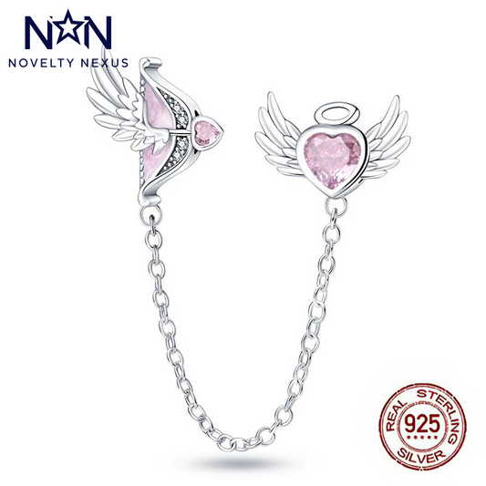 Angelic Harmony Safety Chain Charm with Pink Heart Crystals, Sterling Silver Wings, A Protective Touch to Your Collection