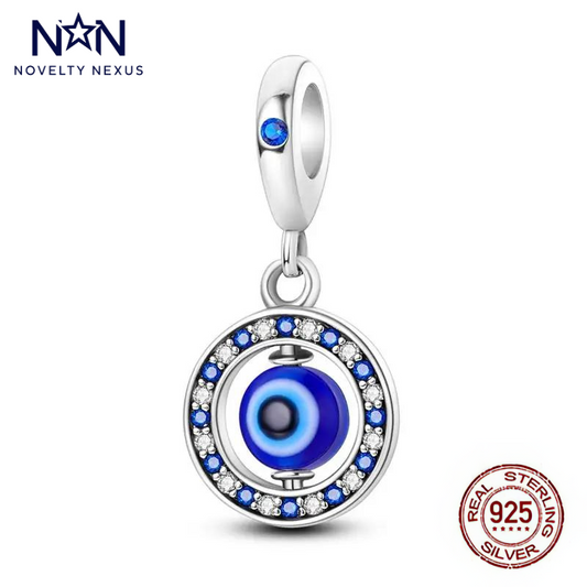 Elegant Sterling Silver Evil Eye Charm, Encircled with Sparkling Blue Crystals, Symbolic Protection Amulet for Jewelry Collections