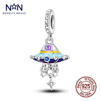 "Cosmic Explorer" Sterling Silver UFO Charm with Dangling Stars