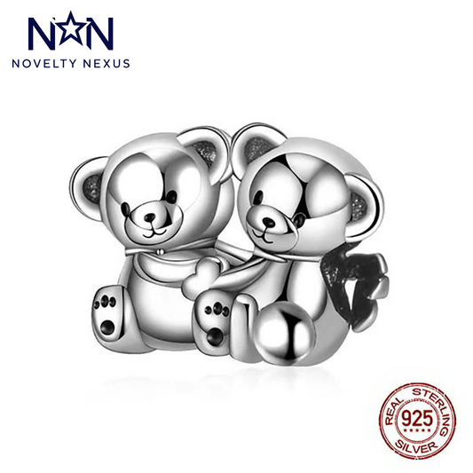 Adorable Sterling Silver Twin Teddy Bears Charm, Perfect Gift for Siblings, Best Friends, and Bear Lovers