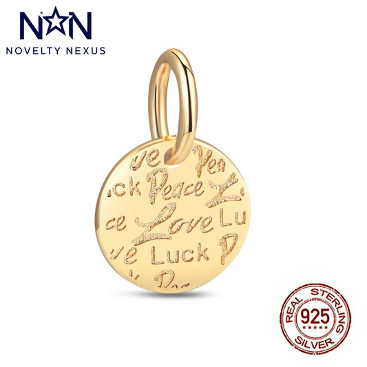 Elegant Gold-Plated Sterling Silver Disc Charm Engraved with Words of Positivity: Peace, Love, Luck