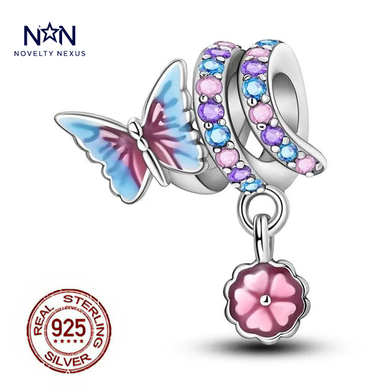 "Butterfly Blossom" Sterling Silver Charm with Multicolor Enamel and Crystal Accents for Bracelets and Necklaces