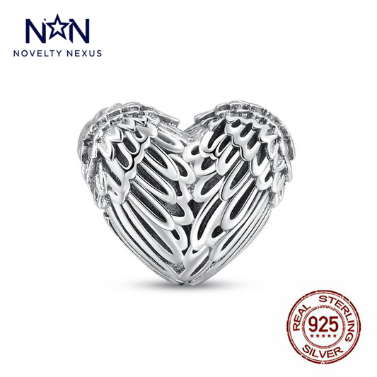 Sterling Silver Angel Wings Heart Charm, Exquisite Detail Symbolizing Love, Protection, and Spiritual Connection