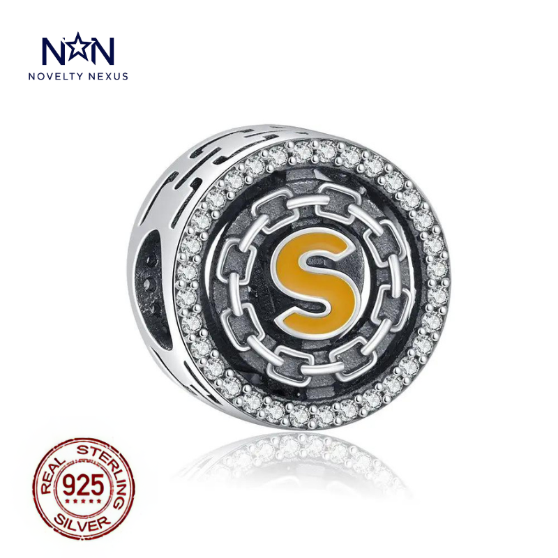 "Superb S" Sterling Silver Charm with Yellow Enamel and Pave-set Crystals for Bracelets and Necklaces