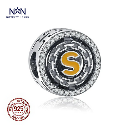 "Superb S" Sterling Silver Charm with Yellow Enamel and Pave-set Crystals for Bracelets and Necklaces