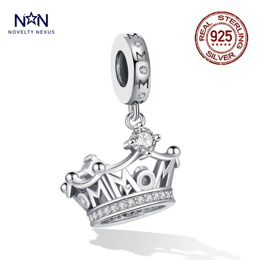 "Queen Mom" Sterling Silver Charm with Crown Design and Cubic Zirconia for Bracelets and Necklaces