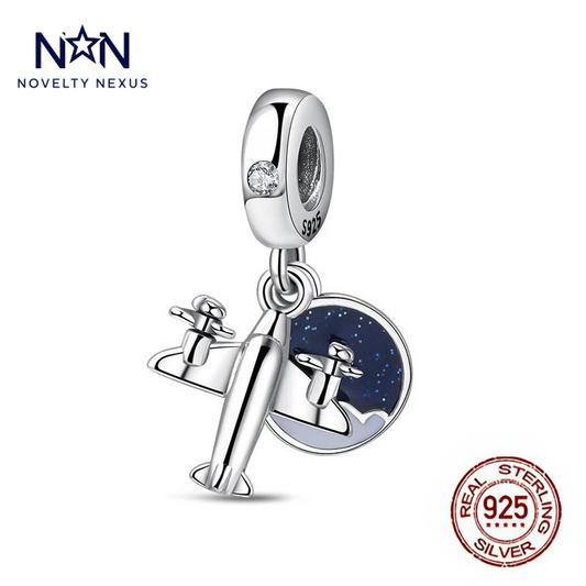 Sterling Silver Airplane Charm with Night Sky Design and Crystal Detail, Ideal for Travel Lovers and Adventure Seekers