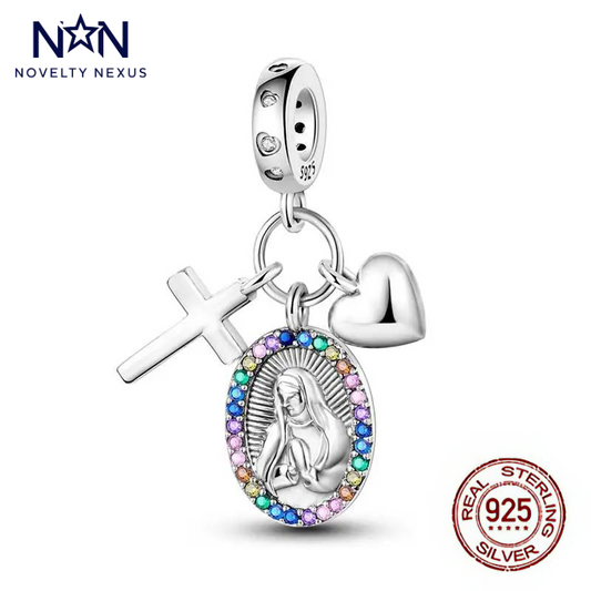 Divine Sterling Silver Virgin Mary Charm with Cross and Heart, Encircled by Rainbow Crystals, Perfect for Spiritual and Religious Jewelry Collections