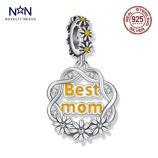 "Best Mom Blooms" Sterling Silver Charm with Yellow Enamel and Floral Accents for Bracelets and Necklaces