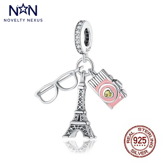 Elegant Sterling Silver Paris Travel Charm, Featuring Eiffel Tower, Camera, and Glasses, Perfect for Wanderlust Jewelry Collections