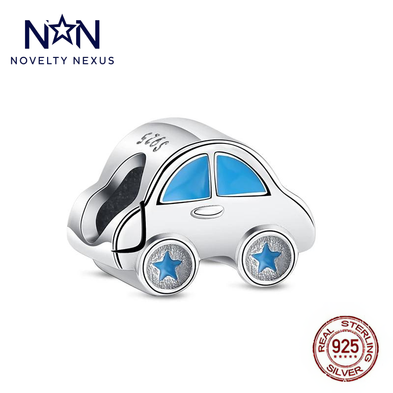 Charming Sterling Silver Vintage Car Charm with Blue Enamel Windows and Star Details, Perfect for Car Enthusiasts and Collectors