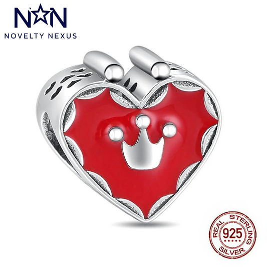 Enchanting Sterling Silver Heart Charm with Royal Crown and Vibrant Red Enamel, A Regal Addition to Your Jewelry Collection