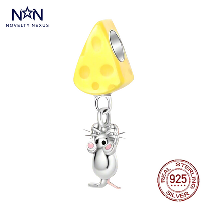 "Cheese and Mouse" Sterling Silver Charm with Yellow Enamel