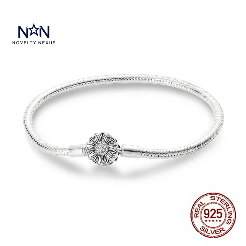 🎁 "Sunlit Blossom": Sunflower Charm in Sterling Silver Snake Chain Bracelet (100% off)