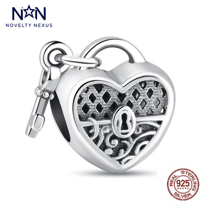 Exquisite Sterling Silver Heart Lock Charm with Filigree Detail and Key, A Symbol of Unlocked Secrets and Cherished Memories